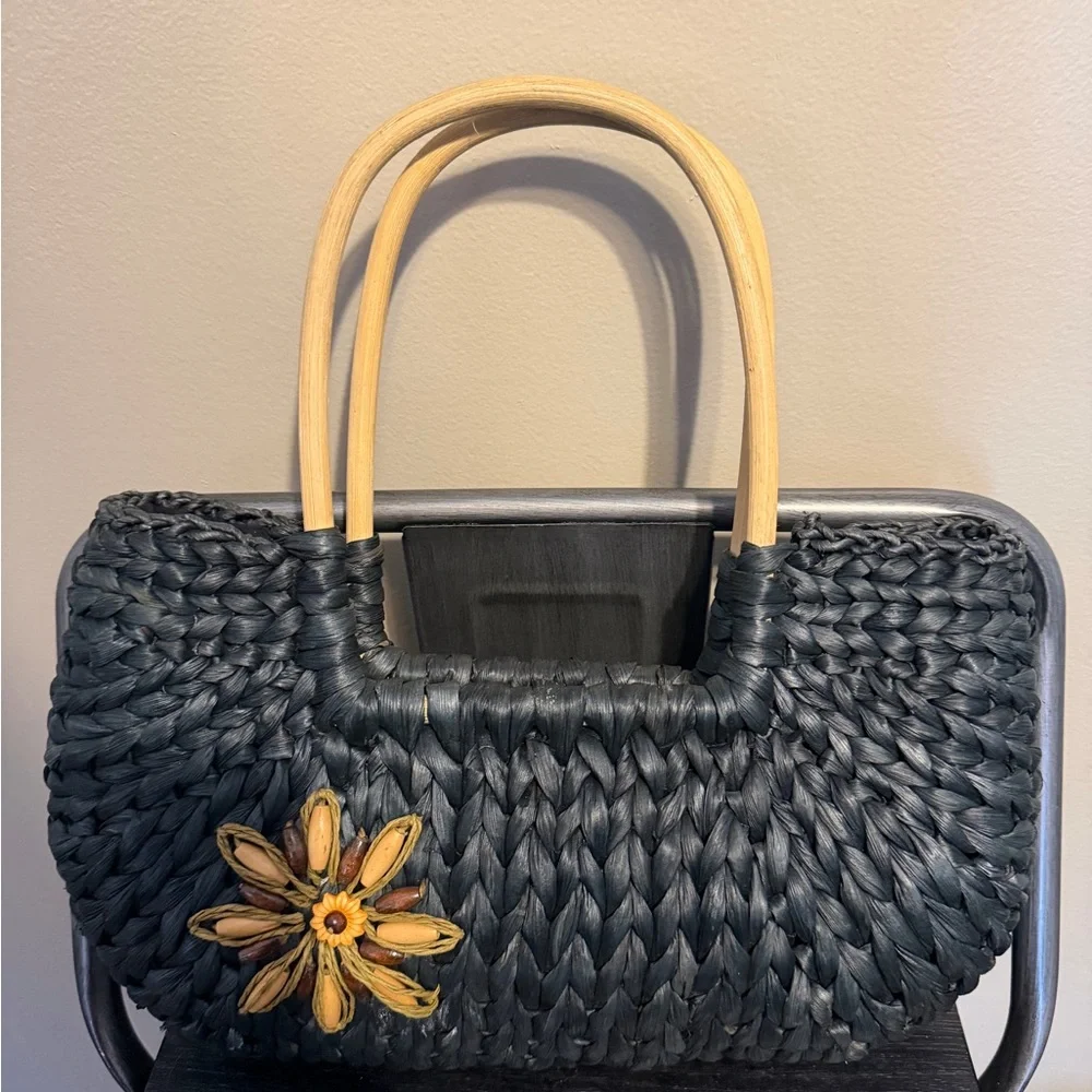 Sun N Sand Woven Straw Handbag Bamboo Handles Floral Accent - Picture 11 of 11